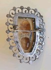 Japanese Noh Brooch - Carved Devil Hannya Netsuke Mask - On Marked Silver Lace