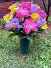 Cemetery Vase Memorial Silk Flower Arrangement Violet  Pink   Yellow