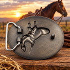 Cowboy Rodeo Belt Buckle Bucking Bronco Western Oval Black Enamel Rope Edge