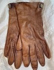 Vtg Aris Caramel Leather Gloves 7 Antron Nylon Lined Brass Tone Leaf Button Cuff