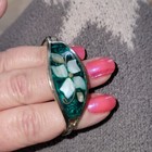 Vintage Mexico Alpaca Silver Bracelet Abalone Shell Flower Inlay 70s Hinged Cuff
