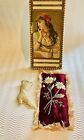 Antique Box W 1 Pin Cushion Boot Shape   1 Embroidered Victorian Sewing Lot 1882