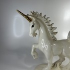 Vtg Porcelain Ceramic Unicorn Figurine White Glossly W lite Blue Base Trim 13   