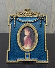 Blue Guilloche Enamel Gold Tone Ornate Picture Frame 7 25 