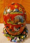 Easter Antique Vintage German Paper Cardboard Easter Egg  Red Rabbits   Chickens