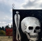 9  Tall Vintage Belgian Stained leaded Glass Panel Of A Skeleton skull