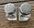 Vintage Square Ribbed Clear Glass Salt   Pepper Shakers Set Stainless Steel Caps