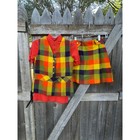 Vtg 1970s Playmore Wool Blend Orange Plaid Skirt Vest College Town Mockneck