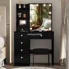 Black Vanity Makeup Desk With Lighted Mirror And Stool Dressing Table 6 Drawers
