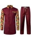 Men s Kente Print Suit Set - Long Sleeve Button-up Dashiki Shirt   Pants  Ethnic