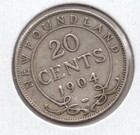 1904  H Newfoundland 20 Cents Silver Coin - Fine  scratches 