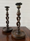 Antique English Oak Open Barley Twist Candlesticks W  Brass Detailing 10   