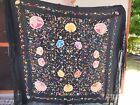 Chinese  Black Silk Embroidered Piano Shawl W long Macrame Fringe 160x160 Cms 