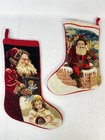 Vintage Needlepoint Christmas Santa Stocking Red Velvet Back Lined Lot Of 2