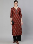 Indian Women Maroon Ethnic Motifs Floral Printed Pure Cotton Kurta Kurti Tunic