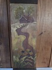 Vtg Folk Art Cabin Country Scene Wooden Wall Plaque Primitive Handmade Painted