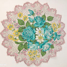 Vintage Hankie Handkerchief Round Scalloped Edge Turquoise Yellow Pink Roses 13 