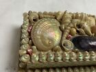 Antique Souvenir Sea Shell Trinket Box  Geometric Print Paper  Late 1800   s