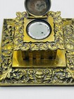 Antique Ornate Brass Inkwell Porcelain Liner Hinge Lid Green-man Repousse Square