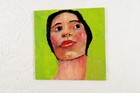 Original Oil Portrait Painting 6x6 Square Lime Green Woman Portraiture Art