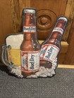 Vtg Budweiser Bud Dry 2 Bottle Embossed 1990 Metal Tin Tacker Bar Sign 19x25 