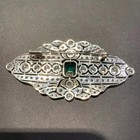 Vintage Art-deco Brooch Pin 10ct Simulated Green Emerald 14k White Gold Plated