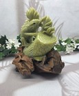 Hand Carved Jade Lizard On Natural Wood Stand Green Gemstone Reptile Statue