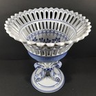 Vtg Blue White Reticulated Porcelain Pedestal Bowl Compote Chinoiserie Bombay