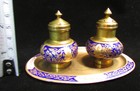 Vintage Royal Blue Enamel   Brass Salt   Pepper Shaker   Tray Set  Thailand Mcm