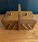 Vtg Accordion 2 Tier Wood Sewing Box  Fold Out  Handle  Lids  12  X 6  X 8    Preo
