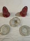 5 Vintage Glass Lamp Parts Lot - 2 Cranberry Fitters   3 Clear Lamp Bases  1039