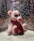 Mini Needle Felted Pink Teddy Bear With Dark Pink Scarf