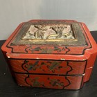 Rare Vintage Red Lacquer Chinese Box With Antique Wooden Panel   9x9x3 5 Inches