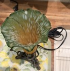 Art Nouveau Table Lamp Green   Amber Glass Flower Shade Antique Bronze Base