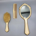 Vintage Celluloid Dresser Vanity Set 3pc Cream Mirror Brush Comb With Case