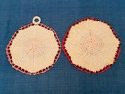 Vintage Pair Of Crocheted Potholders White Pink Red Flowers
