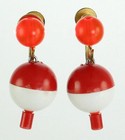 Vintage Plastic Novelty Red   White Fishing Bobber Earrings Mid Century