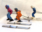 3 Vintage Barclay Lead Figures Skiers Male In Orange Females Pink   Blue Read 