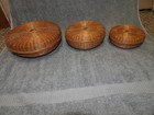 3 Vintage Woven Baskets W lids Round  Rattan Wicker Sewing Storage Boho Antique