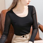 Women Scoop Neck Mesh Long Sleeve T Shirt Stretch Base Layer Slim Fit Top