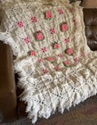 Vtg Handmade Crochet Afghan 3d Pink Rose Blanket 54x42 Granny Square Fringe Edge