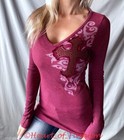   vocal Women s Embellished Cross Waffle Knit Long Sleeve Thermal Biker Top