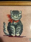 Vintage Framed Cross-stitch Grey Kitten Red Bow On Pink 6x6    Needlepoint Wall