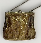Vintage Gold Beaded Evening Bag Purse Clutch 18    Shoulder Strap Kiss Lock 6x5