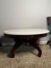 Beautiful Antique 3 Piece Marble Top Mahogany Harp End Tables W Coffee Table