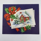 Vintage Mid Century Christmas Greeting Card Red House Snowy Roof Tree Green Door
