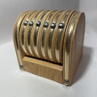 Vintage Mcm Wooden Drink Coasters Cork   Wood Brass Accent Set Of 6 W  Caddy