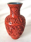 Vintage Carved Cinnabar China Lacquer Chrysanthemum 5  Vase  Blue Enamel  Stand