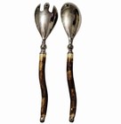 Vintage Horn Handle Salad Servers Fork Spoon Silverplate Mid Century