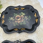 Vintage Tole Painted Vanity Trays Set 2 Black Floral Gold 5x7 Metal Scalloped